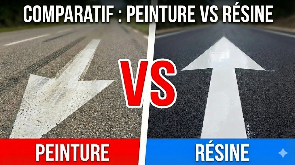 Application d'un marquage au sol Haute-Savoie en résine blanche vs peinture blanche